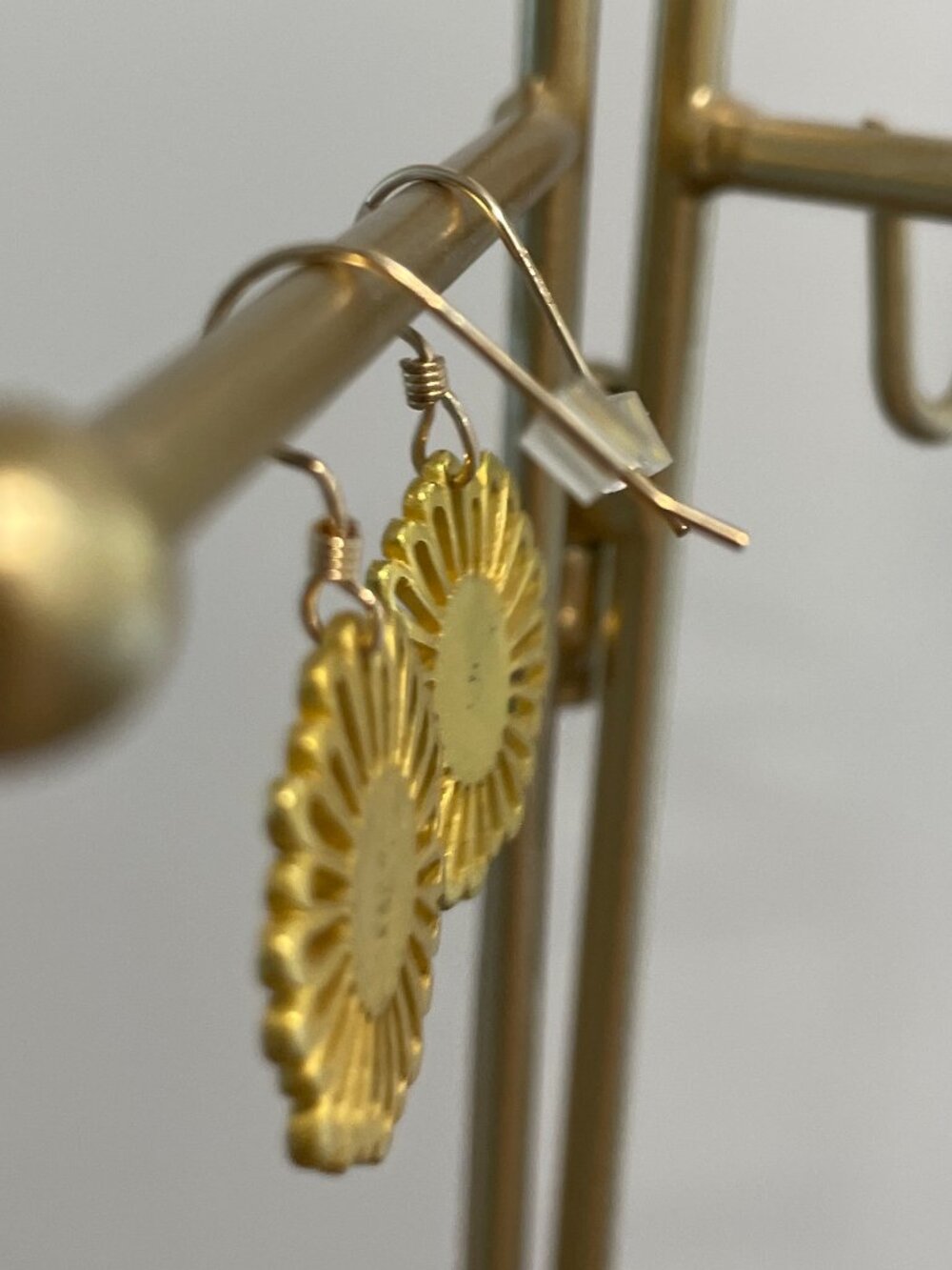 Gold Sunflower Dangle Earrings 14Kt gold Filled French Hook Statement Drop - Picture 6 of 8